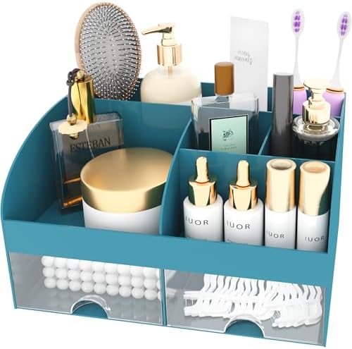 Makeup Organizer with Drawers, Cosmetic Storage for Dresser Vanity and Bathroom Countertop, Beauty Holder for Lipstick Brush, Skincare Organizer for Vanity, Cosmetic Display Case (Dark Green)