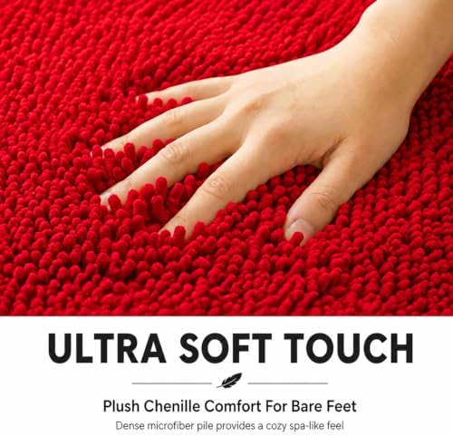 Bathroom Rugs Sets 2 Piece,Super Absorbent Soft,Thick,Machine Washable Chenille Bath Mat,Non Slip Toilet Floor Rug,Bath Mats for Bathroom,20x32 Plus 20x20 U Shape,Red
