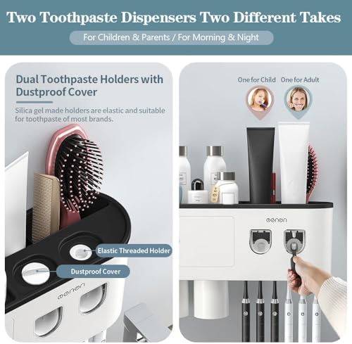Toothbrush Holders Wall Mounted, Toothbrush Holder with Automatic Toothpaste Dispensers, 6 Brush Slots, 3 Magnetic Cups,1 Cosmetic Drawer Organizer and 1 Large Storage Tray