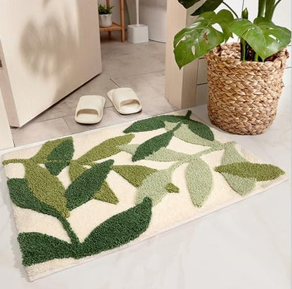 Green Leaves Bath Mats Bathroom Rugs Non-Slip Soft Microfiber Absorbent Machine Washable Entrance Doormat Boho Carpet for Bathroom Floor Tub Shower 17.5 X 25.5 Inches