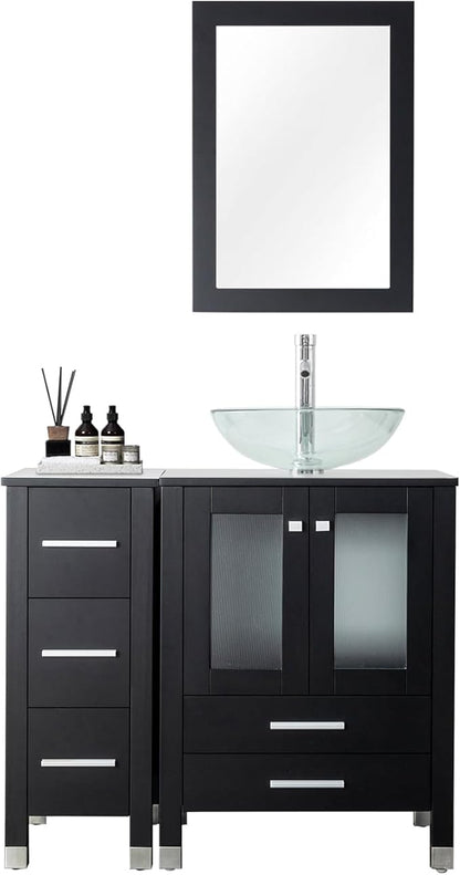 LUCKWIND 36" Bathroom Vanity Combo with Sink, 24"+12.6" Width, Painted Bathroom Storage Cabinet with 5 Drawers, Including Transparent Round Sink Without Mirror, Black