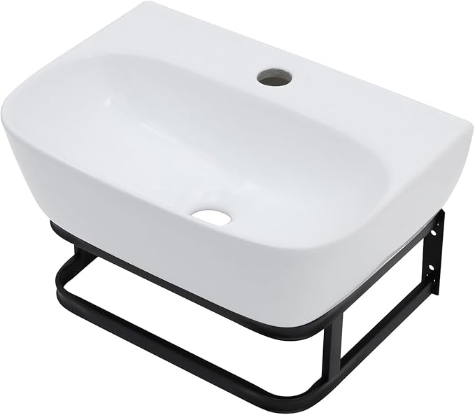 Lordear Wall Mounted Vessel Sink 16x11 Inch, U-Shape White Porcelain Bathroom Sink with Black Faucet and Support Pedestal Legs, Wall Hung Vanity Sink with Towel Rack for Small Bathrooms