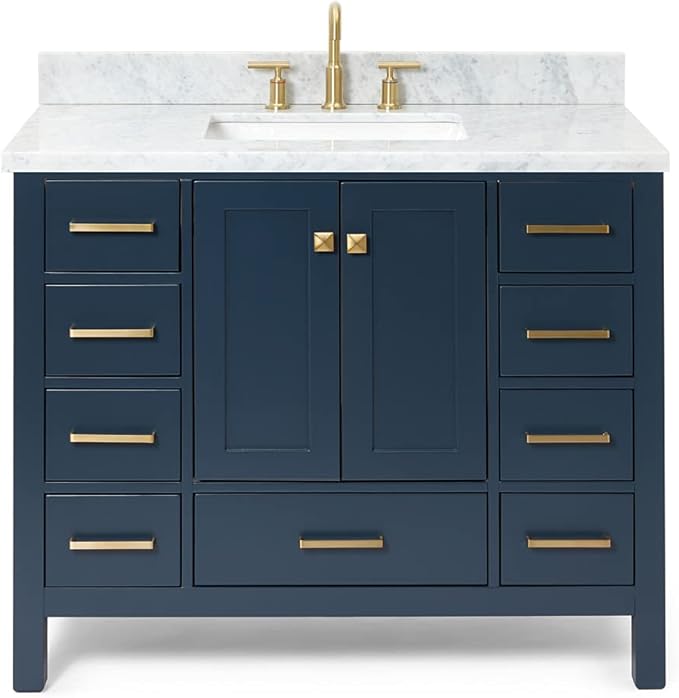 ARIEL Cambridge 42-inch Bathroom Vanity with Sink,Solid Wood, 1.5-inch Italian Carrara Marble Countertop, Single Rectangular Porcelain Sink, 2 Soft Closing Doors, 9 Dovetail Drawers, Midnight Blue