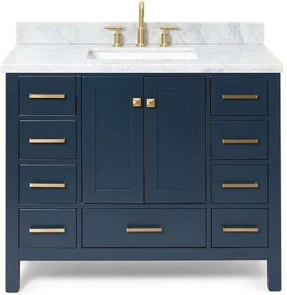 ARIEL Cambridge 42-inch Bathroom Vanity with Sink,Solid Wood, 1.5-inch Italian Carrara Marble Countertop, Single Rectangular Porcelain Sink, 2 Soft Closing Doors, 9 Dovetail Drawers, Midnight Blue