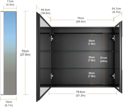 KWW LED Lighted Bathroom Medicine Cabinet with Sockets & USBs, Defogger, Dimmable, 3 Color Light Makeup Mirror, Easy to Install, Wall Mounted Cabinet (2 door-31 * 28)