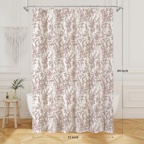 Burgundy Boho Linen Fabric Shower Curtain ,Farmhouse Floral For Bathroom
