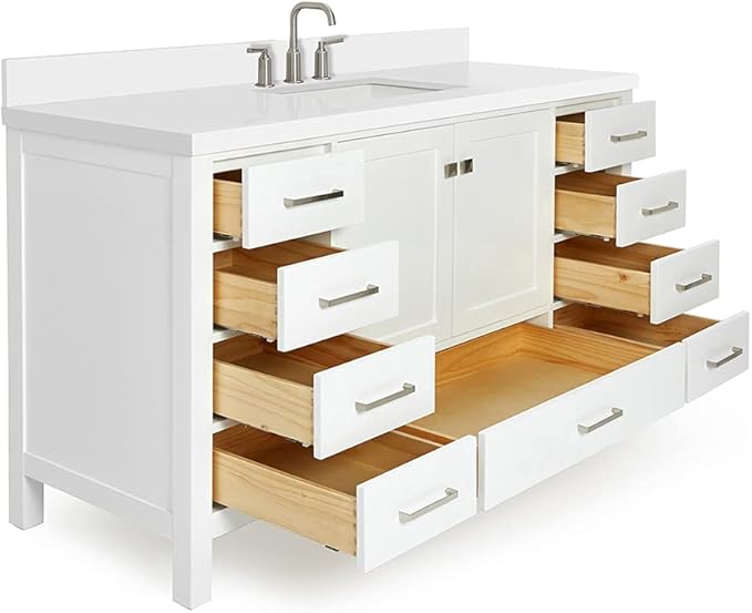 ARIEL Cambridge 60-inch Bathroom Vanity with Sink,Solid Wood, 1.5-inch Pure White Quartz Countertop & Backsplash, Single Rectangular Porcelain Sink, 2 Soft Closing Doors, 9 Dovetail Drawers, White