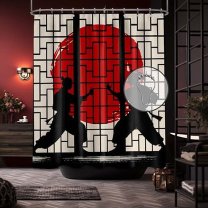 Japanese Shower Curtain Japan Anime Asian Black and Red Shower Curtains for Manly Bathroom Decor Sets, Waterproof Cloth Fabric with Hooks, 60x72 Inch