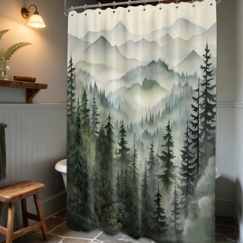 Sage Green Forest Shower Curtain, 60X72 in, Mountain Rustic Pine Tree