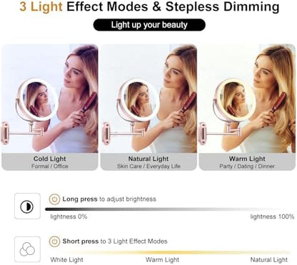 9" Wall Mounted Lighted Makeup Mirror,4000mAh Rechargeable Double Sided 1X/20X Magnifying Mirror with Light,Touch Dimmable,Extended Arm 360 Rotation Wall Mounted Makeup Mirror 3 Color Lights-Gold