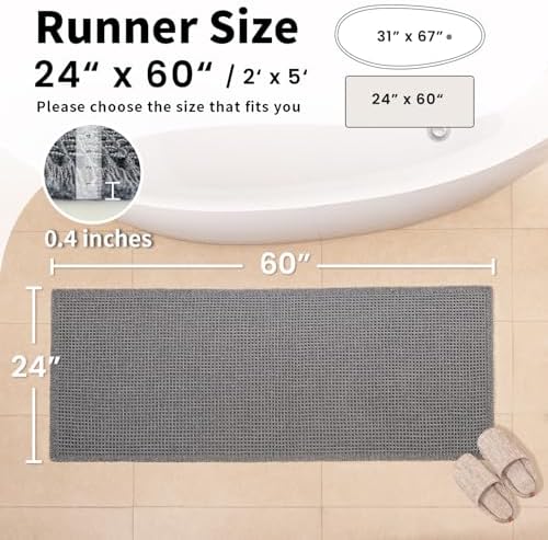 Long Bath Mat, Waffle Bathroom Runner Rug Non Slip Washable, 24 x 60