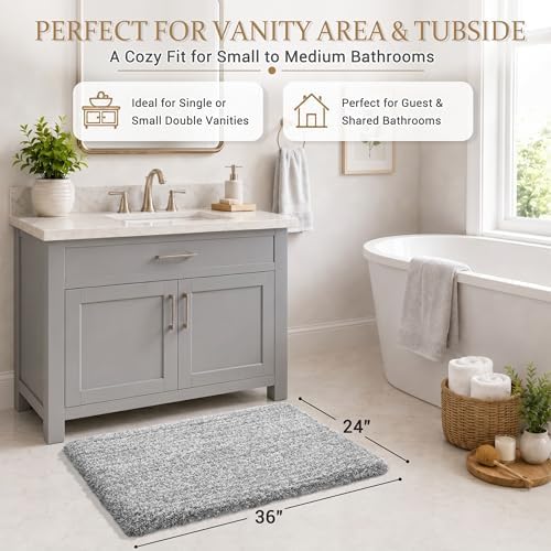 Yimobra Bathroom Rugs Non Slip Washable 36X24, Ultra Soft and Water Absorbent Bath Mats, Plush Fluffy Shower Mat Outside, Luxury Microfiber Thick Matts for Bathroom Floor/Tub, Light Gray and White