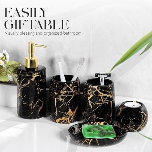 Ceramic Bathroom Accessory Set, 5-Piece Bathroom Accessory Set, Soap Dish, Toothbrush Holder, Soap Dispenser, Bathroom Tumbler & Candle Holder - Modern Bathroom Organizer, (Black & Gold)