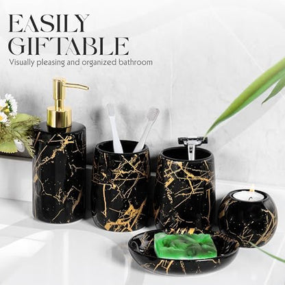 Ceramic Bathroom Accessory Set, 5-Piece Bathroom Accessory Set, Soap Dish, Toothbrush Holder, Soap Dispenser, Bathroom Tumbler & Candle Holder - Modern Bathroom Organizer, (Black & Gold)