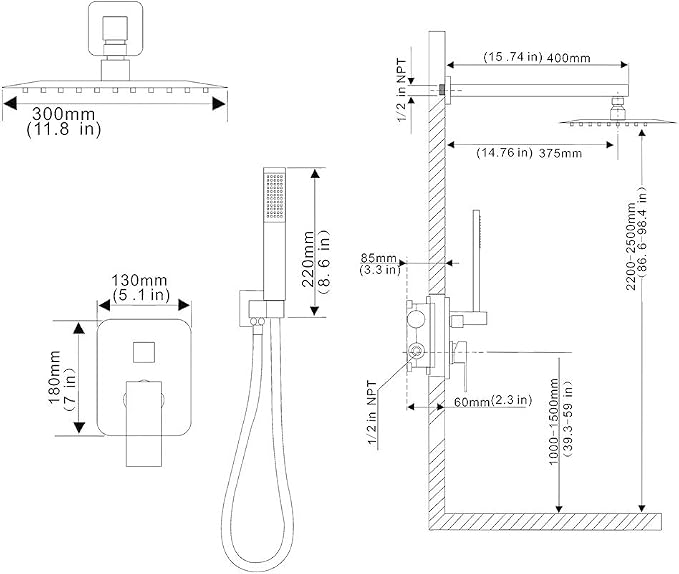 Shower Faucet Set Complete, Wall Mount Shower System for Bathroom 12 Inch High-Pressure Rainfall Shower with Handheld, Rough-in Valve Body and Trim Kit, Brushed Gold