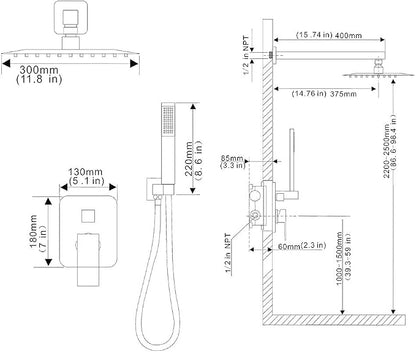 Shower Faucet Set Complete, Wall Mount Shower System for Bathroom 12 Inch High-Pressure Rainfall Shower with Handheld, Rough-in Valve Body and Trim Kit, Brushed Gold