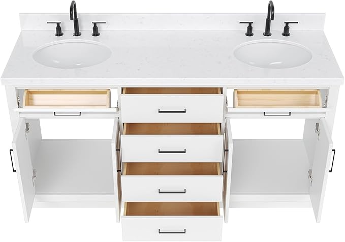 ARIEL Hepburn 66-inch Bathroom Vanity with Sink,Solid Wood, 1.5-inch Carrara White Quartz Countertop & Backsplash, Double Oval Porcelain Sink, 4 Soft Closing Doors, 6 Dovetail Drawers, White