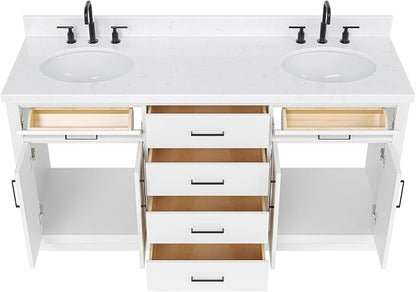 ARIEL Hepburn 66-inch Bathroom Vanity with Sink,Solid Wood, 1.5-inch Carrara White Quartz Countertop & Backsplash, Double Oval Porcelain Sink, 4 Soft Closing Doors, 6 Dovetail Drawers, White