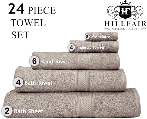 HILLFAIR 100% Cotton 24 PC Bulk Pack - Hotel Spa Bath Towels Set - Stone