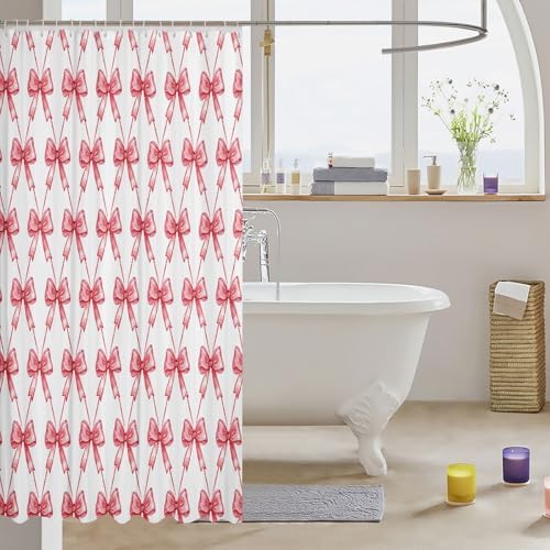 jejeloiu Red Bow Shower Curtain 72"x72" Cute Bowknot Bath Curtain Boys Girls Bow and Stripes Bathroom Shower Curtain Set for Kids Women Men Kawaii Kids Bathroom Accessories