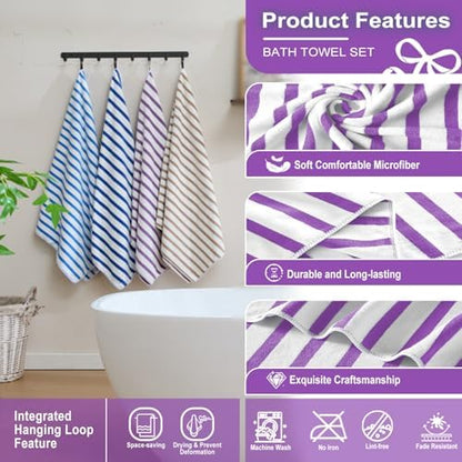 JML Microfiber Beach Towels, 4 Pack, 27" x 55", Cabana Stripe Purple