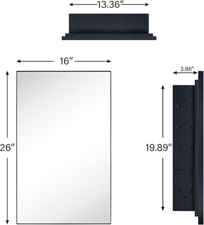 TEHOME Recessed Mount 16x26'' Squared Rectangle Matt Black Bathroom Medicine Cabinet with Mirror Black Metal Framed Rectanglular Medicine Cabinet 2 Adjustable Glass Shelves