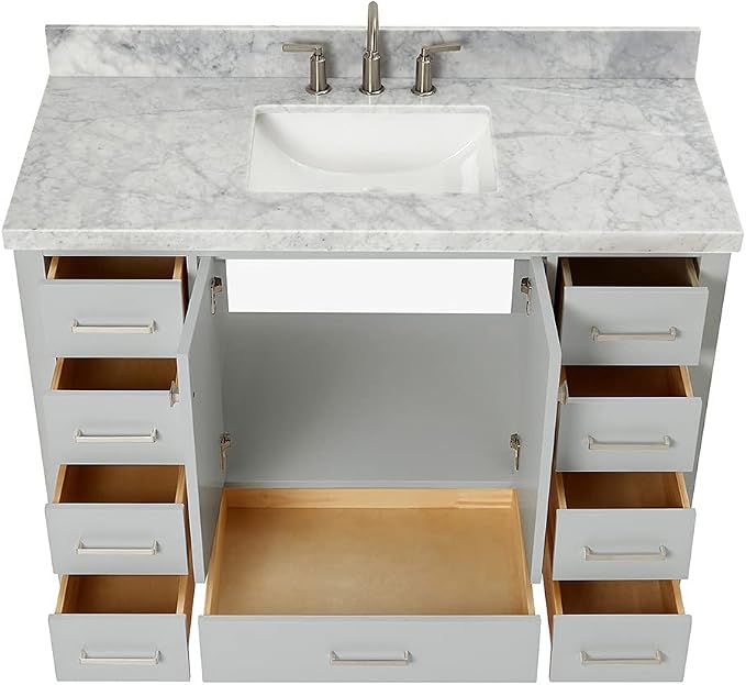 Beckford 48-Inch Bathroom Vanity with Sink — Grey Single Sink Bathroom Vanity, 1.5" Edge Italian Carrara Marble Top, Solid Wood, 2 Soft-Close Doors, 9 Dovetail Drawers