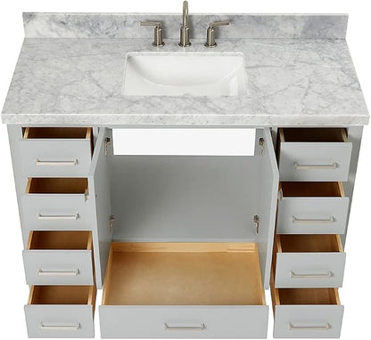 Beckford 48-Inch Bathroom Vanity with Sink — Grey Single Sink Bathroom Vanity, 1.5" Edge Italian Carrara Marble Top, Solid Wood, 2 Soft-Close Doors, 9 Dovetail Drawers