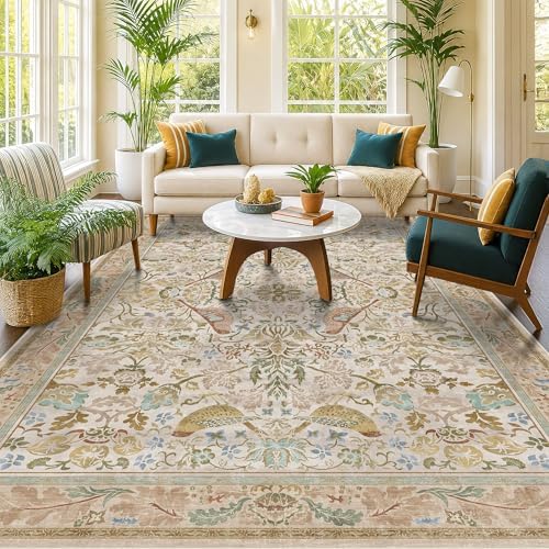 Washable Area Rugs 6x8 for Living Room - Western Nature Rugs for Bedroom, Dining Room, Playroom, Guest Room with Boho Beige Neutral Botanical & Bird Pattern, Non Slip Stain Resistant Low Pile