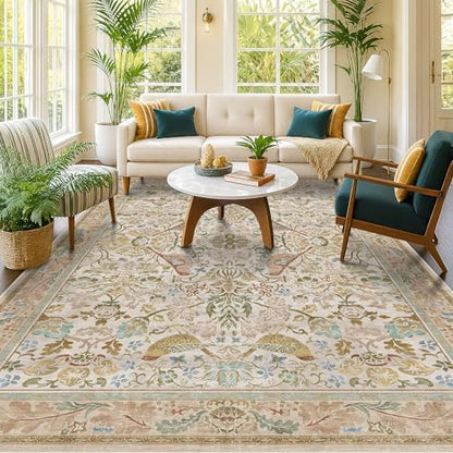 Washable Area Rugs 6x8 for Living Room - Western Nature Rugs for Bedroom, Dining Room, Playroom, Guest Room with Boho Beige Neutral Botanical & Bird Pattern, Non Slip Stain Resistant Low Pile