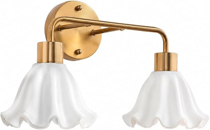 2 Light Gold Brass Bathroom Light Fixture,Brush Gold Vanity Lighting Over Mirror,Cute White Glass Flower Lampshade,Wall Sconces,E26 Socket(Bulbs Not Included)