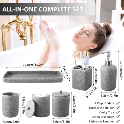 XLHOMO Resin 6 Pcs Gray Bathroom Accessories Set - Countertop Organizer