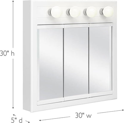 Design House Concord Medicine Cabinet, 3 Mirrored Doors, Pre-Assembled, Surface Mount, 4 Lights, White Wood Frame Wall Cabinet, 30 in W x 5 in D x 30 in H, 532382-WHT
