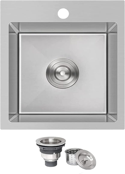 Comllen 15 x 15 inch Drop in Bar Sink, 18 Gauge Stainless Steel, 9 inch Deep, Brushed Nickel, Single Basin Small 15 Kitchen Sink for Outdoor Wet Bar Prep RV Yard Office Laundry Utility with Drainer