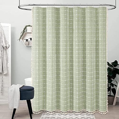 BTTN 54x78 Boho Farmhouse Linen Heavy Duty Shower Curtain Set, Sage Green