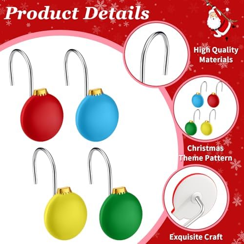 Thyle 12 Pcs Christmas Ball Shower Curtain Hooks, Christmas Ball Ornament Decorative Rings Xmas Shower Curtain Hooks Holiday Decorative for Bathroom Accessories