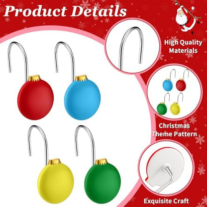 Thyle 12 Pcs Christmas Ball Shower Curtain Hooks, Christmas Ball Ornament Decorative Rings Xmas Shower Curtain Hooks Holiday Decorative for Bathroom Accessories