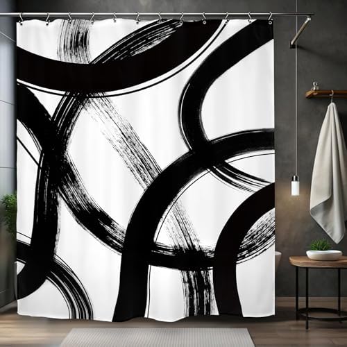 Abstract Modern Shower Curtain 60Wx72L Inch Black White Minimalist Contemporary Art Line Neutral Simple Bathroom Set Accessories Decor with 12 Pack Hooks