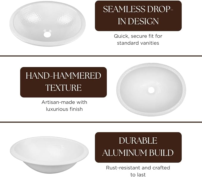 Monarch Abode Bathroom Sink – 17-Inch Oval Drop In Bathroom Sink, Top Mount Hand Hammered Classic White Vanity Sinks for Countertop, Powder Room, Guest Bath or Restroom, Drop in Sinks for Bathrooms