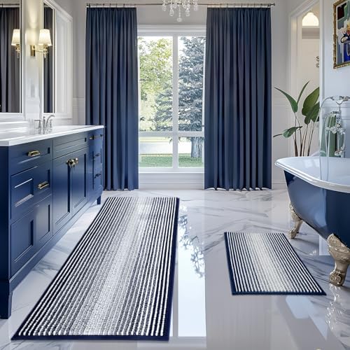 BSICPRO Bathroom Rugs Sets 2 Piece, Non Slip Striped Bath Mats, Navy