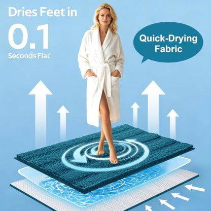 ACCUMTEK Comfydew Striped Teal Blue Bathroom Rug Set 3 Pieces Ultra Soft, Non Slip Chenille Toilet Mat, Absorbent Plush Shaggy Bath Mats for Bathroom, Bedroom, Kitchen