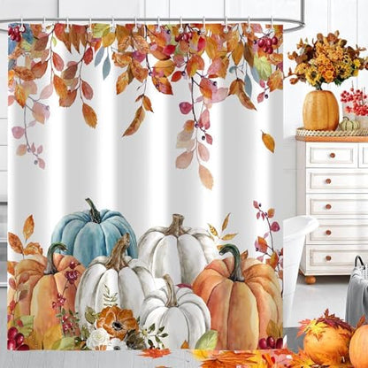 Fall Pumpkin Shower Curtains for Bathroom, Thanksgiving Teal Eucalyptus Leaves Watercolor Pumpkins Farmhouse Rustic Vintage Boho Bathroom Decor Set, Waterproof Fabric Polyester with Hooks 72x84 White