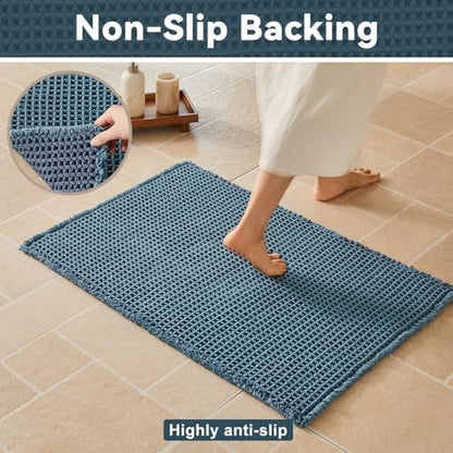 Triohero Waffle Bath Mat, Boho Bathroom Rugs Non Slip, 24x48 Denim Blue