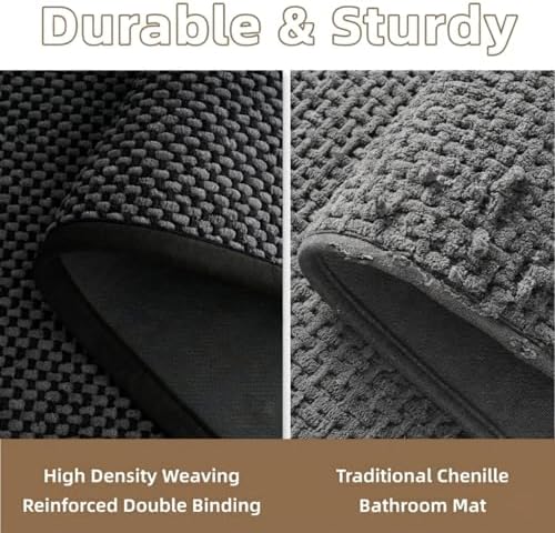 PADOOR-Bath Mat-Super Absorbent Chenille Bathroom Mats-Rubber Backed Bath Mats for Bathroom Non Slip, Easy Clean Bathroom Rugs Front of Bathtub,Shower Room,Sink-17×28, Darkgrey&Black