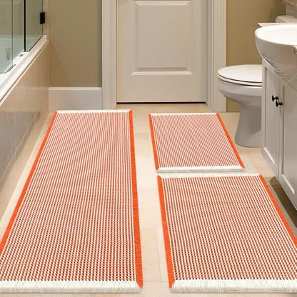 IM HOME Waffle Bath Mat Set 3 Piece Orange & Cream,Woven Modern Bath Rug Mats, Absorbent Non Slip Bath Floor Mat, Soft Washable Boho Bath Rugs with Tassels for Bathroom, Bedroom, Kitchen, Tub