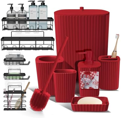 Clara Clark Bathroom Set - Christmas Bathroom Accessories Set, 11PC Bathroom Accessory Set, Christmas Bathroom Sets with Adhesive Corner Shower Caddy Hanging, Toilet Brush, Trash Can & Soap Dispenser
