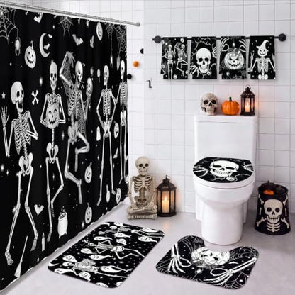 FuWeave 8 Pcs Halloween Shower Curtain Set for Bathroom Decor Include Dancing Skeleton Skull Ghost Pumpkin Towels Halloween Non Slip Spider Web Rugs Toilet Lid Cover Bat Bath Mat and 12 Hooks