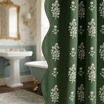 Boomkin Block Print Scalloped Shower Curtain Set with 12 Hooks