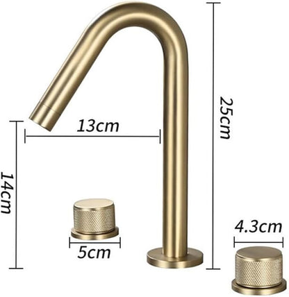 3 Hole Basin Mixer Faucet Brass Swivel Hot and Cold Water Double Handle 3 Hole Bathroom Faucets-Brushed Gold
