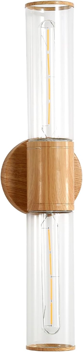 Bathroom Vanity Lighting Fixture, 2-Light Wood Grain Wall Sconce Light Fixture with Clear Glass, E26 Socket Indoor Wall Lamp, Modern Wall Sconce for Mirror Living Room